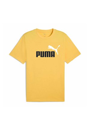Żółta bawełniana koszulka z czarnym logo "PUMA" oraz białą grafiką skaczącego pumy. Krótkie rękawy i okrągły dekolt.