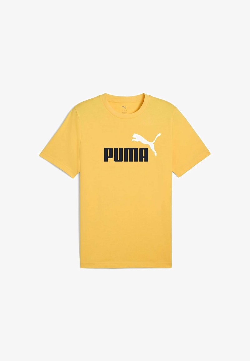 Żółta bawełniana koszulka z czarnym logo "PUMA" oraz białą grafiką skaczącego pumy. Krótkie rękawy i okrągły dekolt.