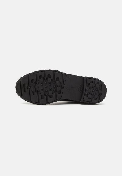 Black shoe sole featuring textured rubber with grip patterns, raised dots, and grooves for traction, designed for durability and stability.