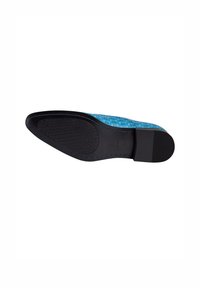 Blue textured upper with floral pattern, black rubber sole, and contrasting blue stitching. Slim, rounded toe with minimal hardware detailing.