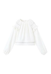 Blusa bianca a maniche lunghe con scollatura e maniche a volant, decorata con ricami e un design cropped a forma di scatola. Materiale in cotone.