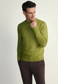 Zielony sweter z dzianiny z prążkowanymi mankietami i dołem, z okrągłym dekoltem i teksturowanym wykończeniem. Noszony z ciemnobrązowymi spodniami.