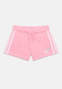 Rózsaszín pamut rövidnadrág rugalmas derékrésszel, fehér oldalsávokkal és egy kis kék pillangó logóval elöl.