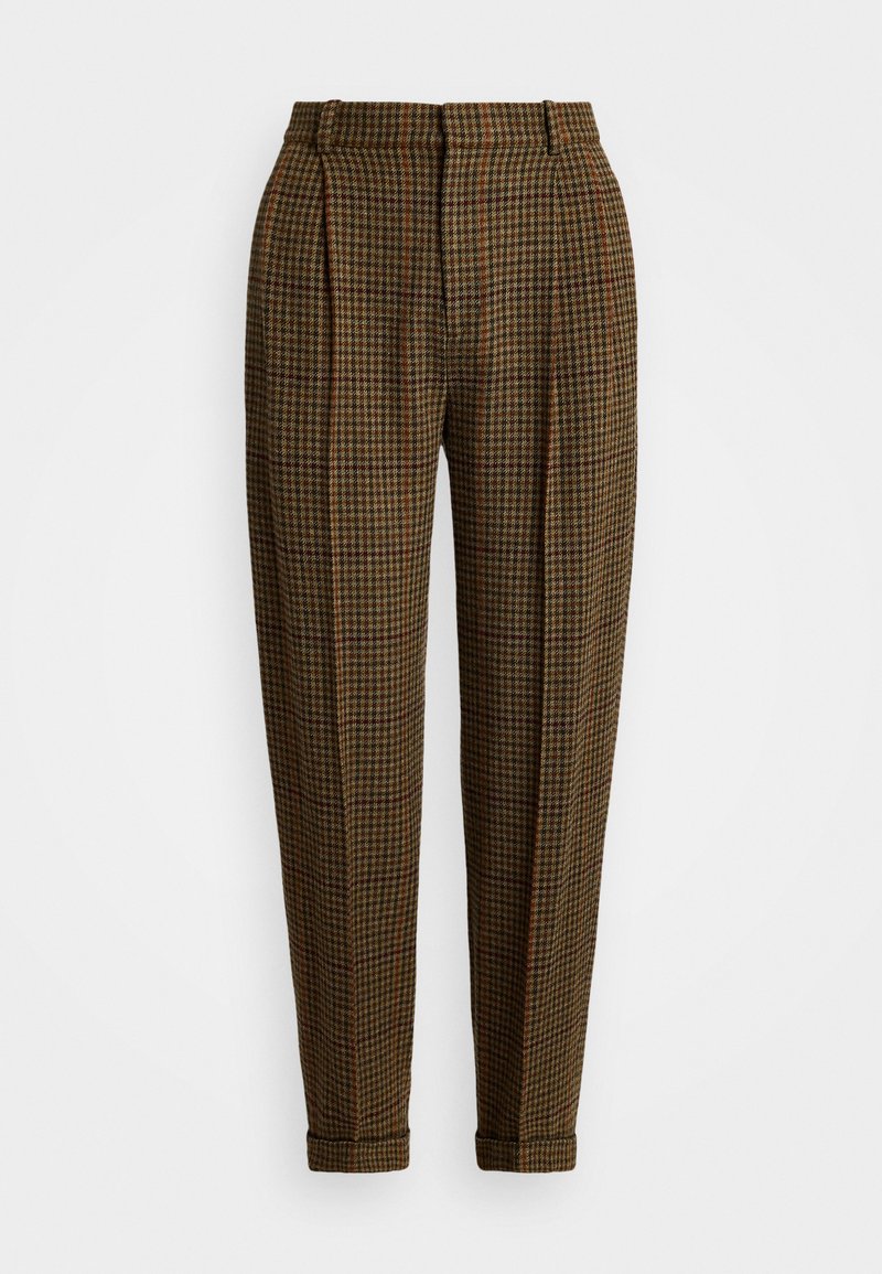 Brown check-patterned trousers with pleats, tapered leg, and cuffed hems. Made from a textured fabric. Features subtle red and green accents.