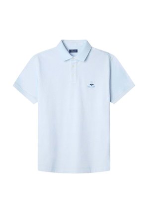 Lichtblauw polo shirt gemaakt van katoen, met een klassieke kraag, drie knopen en een klein geborduurd logo op de linker borst.