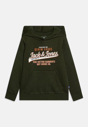 Felpa con cappuccio verde scuro in cotone, dotata di tasca frontale e di una grande grafica arancione e bianca sul petto.