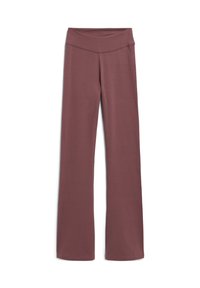 Maroon yoga pants with a high waistband, made from a soft, stretchy fabric. Features a smooth texture and flared leg design.
