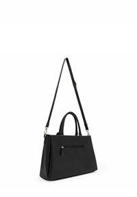 Bolso sintético negro con dos asas superiores y una correa desmontable. Presenta un bolsillo frontal con cremallera y un diseño estructurado. Textura lisa.
