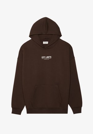 Hoodie marron avec une poche kangourou, arborant un texte blanc "ZONE DANGEREUSE INTERDITE". Fabriqué en tissu doux avec des poignets et un ourlet côtelés.