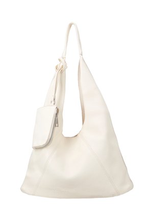 Sac à bandoulière en cuir blanc souple avec une sangle nouée et une petite pochette zippée attachée près de la poignée.