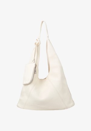 Zachte witte leren schoudertas met een geknoopte band en een klein ritssluitingvakje bevestigd vlak bij het handvat.