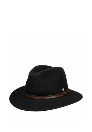 Black wide-brimmed felt fedora hat with a slim brown leather band and a small round silver accent on the side.