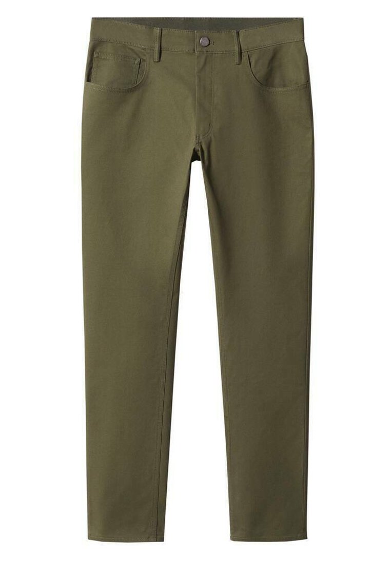 Olivgrüne Hosen aus Baumwollstoff, schmal geschnitten, mit einem Knopfverschluss vorne, zwei vorderen Taschen und minimaler Nahtdetails.