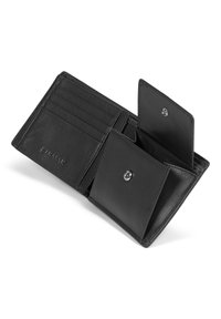 Black leather wallet with multiple card slots, two compartments, snap closure, smooth texture, and embossed branding on the exterior.