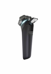 Rasoio elettrico di colore nero con impugnatura texturizzata, testa angolare e piccolo rifinitore a scomparsa. Presenta una luce LED blu sopra il rifinitore.