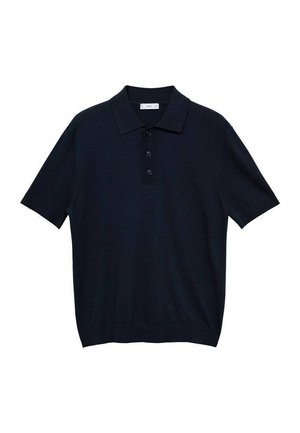 Navy polo shirt with a soft knit texture, short sleeves, a collar, and three-button placket. Features a subtle ribbed hem and cuffs.