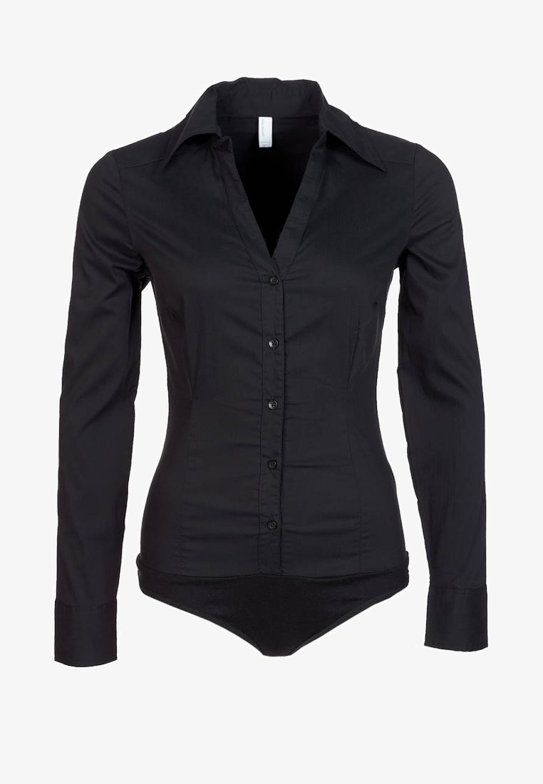 Schwarzes Langarmhemd mit Kragen, knöpfbarem Frontverschluss und Slim Fit. Hergestellt aus glattem Stoff mit einem Bodysuit-Hosen-Design.