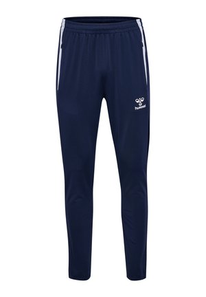 Marineblauwe sportbroek met witte zijstrepen, elastische tailleband, ritszakken en wit Hummel-logo op de rechterdij.