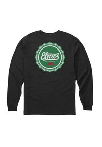 Camisa de manga larga negra con un logo redondo verde y texto blanco "Eltnies Skateboarding" centrado en la parte posterior, fabricada en algodón y con un ajuste estándar.