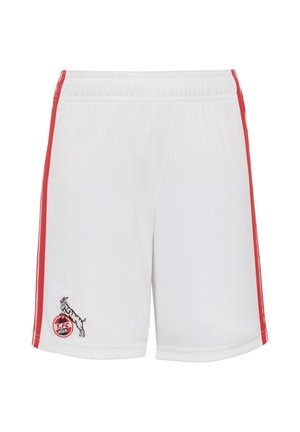 Weiße Sportshorts mit roten Seitenstreifen und einem Logo einer Ziege, die auf einem roten Fußball auf dem linken Bein steht.