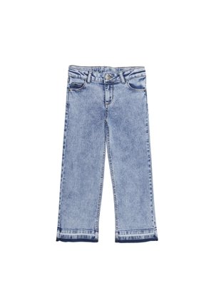 Ljusa blå denimvida jeans med knäppning, två framfickor och sydda fållar. Tyget har en blekt tvätttextur.