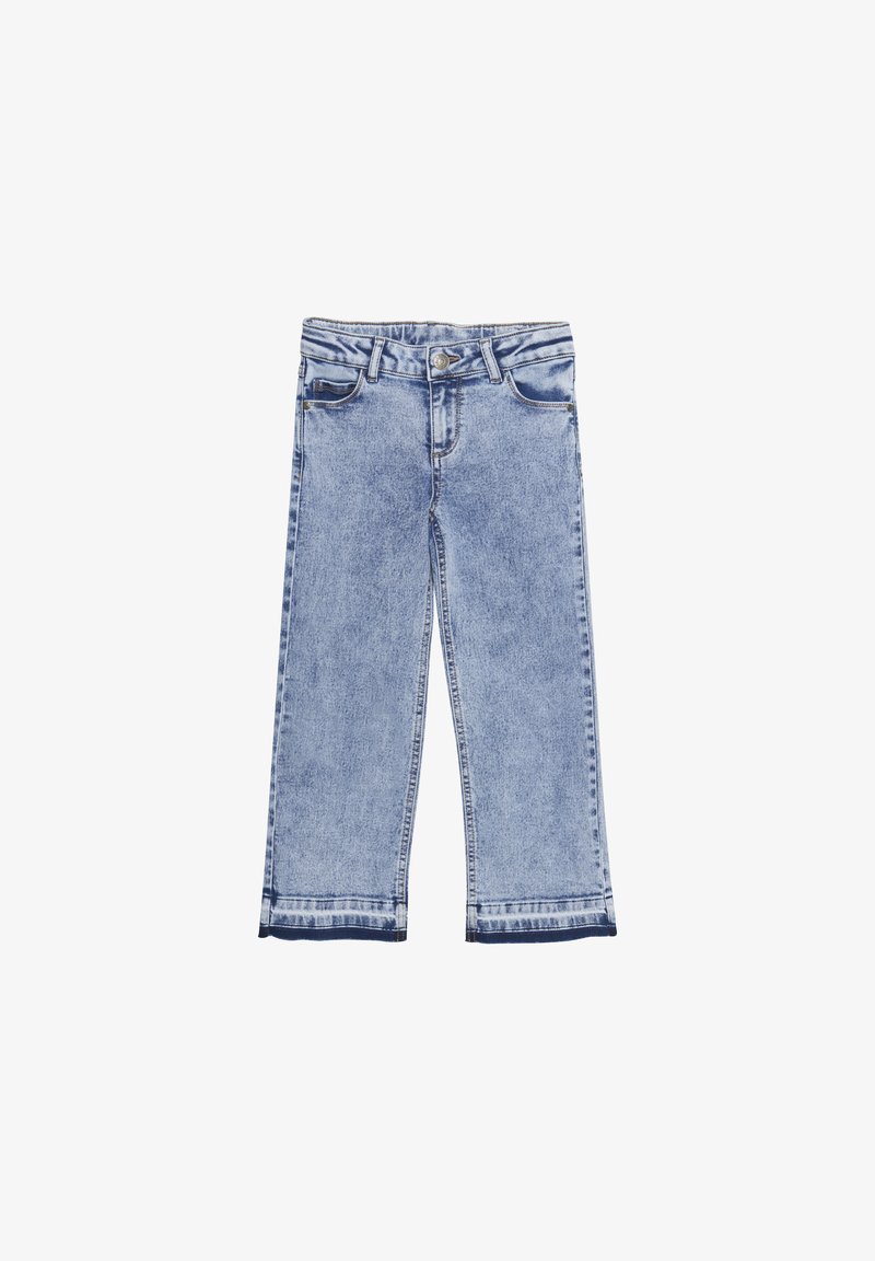 Ljusa blå denimvida jeans med knäppning, två framfickor och sydda fållar. Tyget har en blekt tvätttextur.