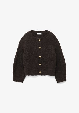 Pruun tekstuuriga kampsun lühikese lõikega, ümmarguse kaeluse ja kuldsete sõlmitud nööpidega ees. Pehme materjal. Muster puudub.