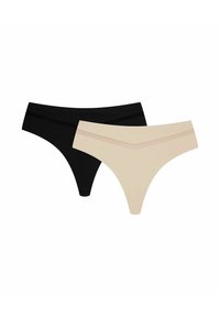Zwei Paare Damenstringtangas: ein schwarzes und ein nudefarbenes. Beide haben ein elegantes Design mit einer glatten Textur und einem schmalen Bund.