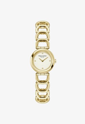 Zlatý náramkové hodinky rag & bone so zaobleným bielym ciferníkom, minimalistickými značkami a hrubým retiazkovým náramkom.