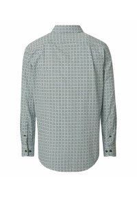 Langarm overhemd met een witte basis en een klein zwart en groen vierkant patroon, van achteren weergegeven.
