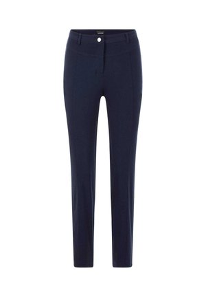 Marineblauwe slim-fit broek met voorste knoop en riemlussen, met een eenvoudig, op maat gemaakt ontwerp.