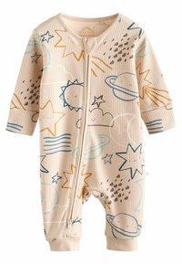 Bebisbodys i bomull med en beige ribbad textur. Tryckt med färgglada stjärnor, planeter, moln och glada ansikten i blått, gult och grått.