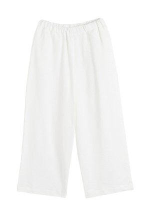 Pantalon blanc à jambes larges avec une ceinture élastique, en tissu léger, doté d'une texture lisse sans motifs ni accents visibles.