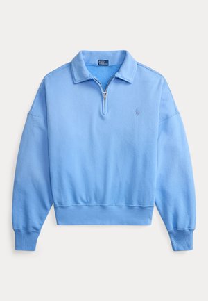 Hele sinine pikkade varrukatega pullover kvartslukuga, pandlaga krae, soonikkoes varrukaservade ja äärega ning väike tikitud logo rinnal.