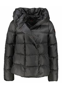 Giacca a vento nera con design trapuntato, cappuccio oversize e chiusura a pressione frontale. Realizzata in materiale lucido e resistente all'acqua.