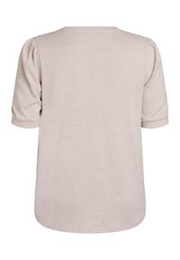 Světlobéžová krátkosrstá košile s kulatým výstřihem, měkkou strukturou a mírně nařasenými rukávy. Minimalistický design, rovný střih.