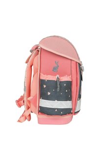 Pink backpack with gray accents, featuring a bunny design, hearts, and star patterns. Includes adjustable straps and zippered compartments.