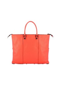 Borsa tote in pelle corallo con due manici superiori, chiusura con zip e dettagli in ferro circolari. Presenta una texture liscia e un design strutturato.