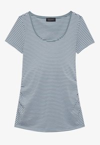 Svītrainā T-kreklā gaisā teal un baltā krāsā ir izgriezts kakls, īsas piedurknes un savilktas sānu detaļas. Izgatavots no mīksta, elastīga auduma.