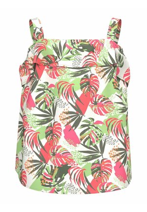Haut floral arborant des feuilles tropicales en rose, vert et blanc, avec un col froncé et des bretelles ajustables. Fabriqué en tissu léger.