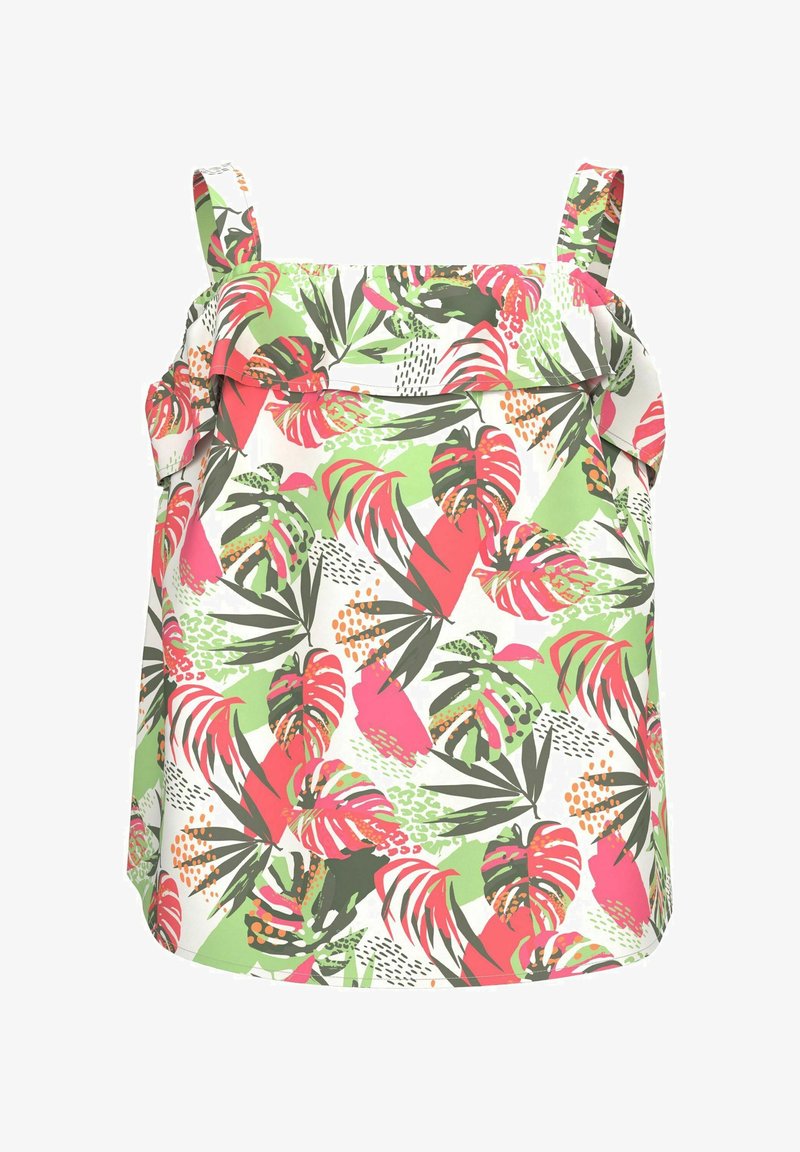 Haut floral arborant des feuilles tropicales en rose, vert et blanc, avec un col froncé et des bretelles ajustables. Fabriqué en tissu léger.