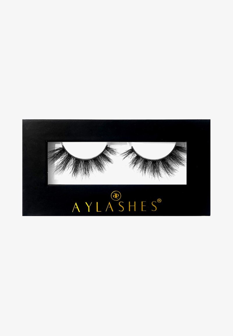 Black faux mink false eyelashes displayed in a clear windowed box with a black background and gold text. Soft, long, and layered design.