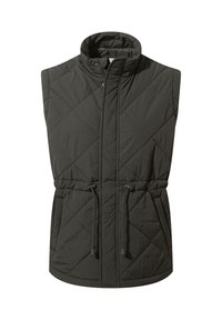 Quilted sleeveless vest in dark gray with a high collar, adjustable drawstring waist, and side pockets. Smooth texture and diamond pattern.