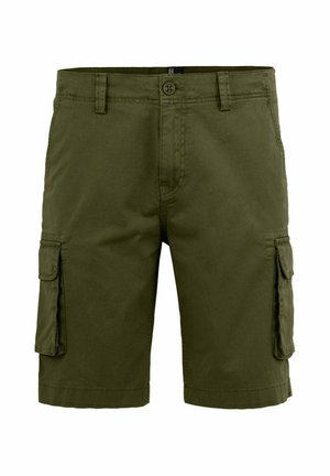 Olijfgroene cargoshorts tot op de knie met vooraan knoop, riemlussen en zijvakken met klep.