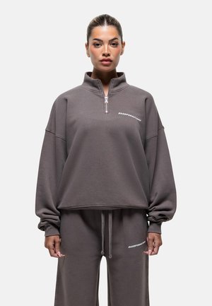Gray zip-up sweatshirt with a high collar, loose fit, and embroidered text. Soft fabric and wide sleeves. Paired with matching joggers.
