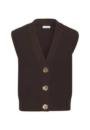 Dark brown knitted vest with a deep V-neck, sleeveless design, and three gold-tone round buttons at the front. Textured fabric.