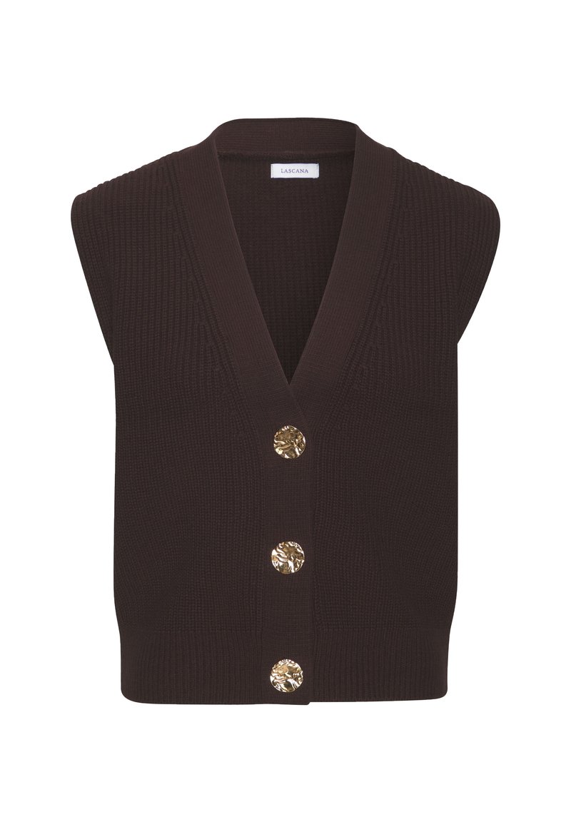 Dunkelbrauner gestrickter Weste mit tiefem V-Ausschnitt, ärmellosem Design und drei runden Knöpfen in Goldoptik an der Vorderseite. Strukturierter Stoff.