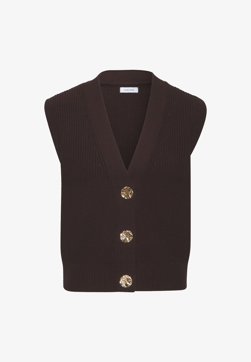 Dark brown knitted vest with a deep V-neck, sleeveless design, and three gold-tone round buttons at the front. Textured fabric.