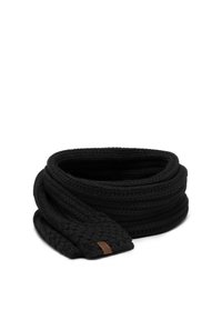 Black knitted scarf with a braided texture and a smooth finish. Features a small branded leather patch on one end.
