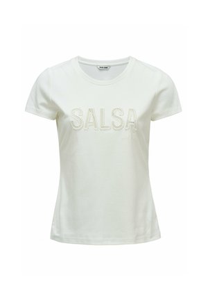 T-shirt blanc à manches courtes avec col rond et texte "SALSA" orné de petites perles sur la poitrine.